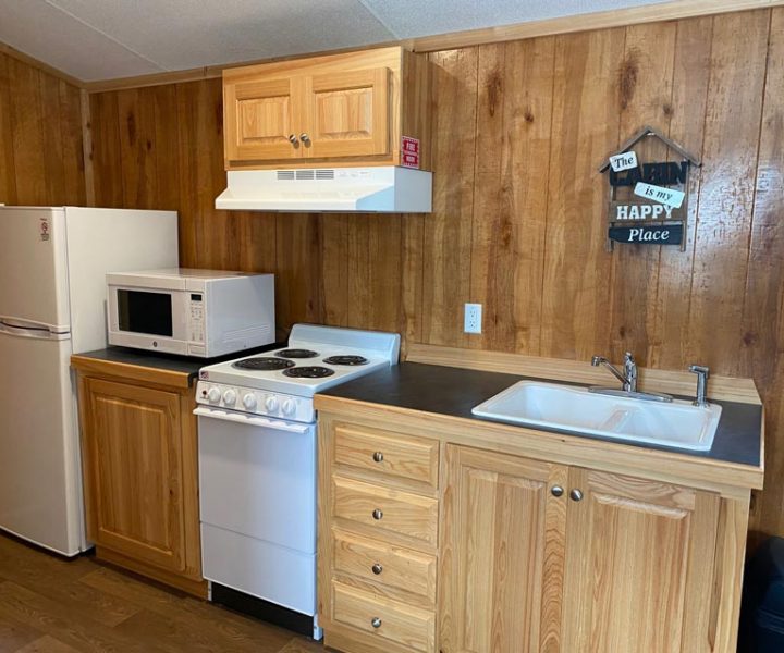 Yogi Bear cabin interior with refrigerator, microwave, stove and oven, counter, and sink