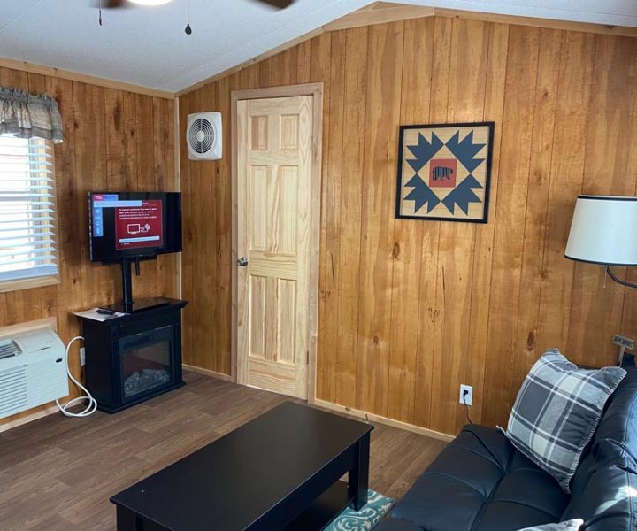Yogi Bear cabin interior with TV, heater, fireplace, coffee table, lamp, and couch