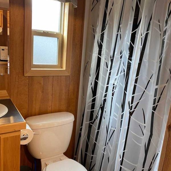 Yogi Bear cabin interior bathroom with sink, window, toilet, and shower