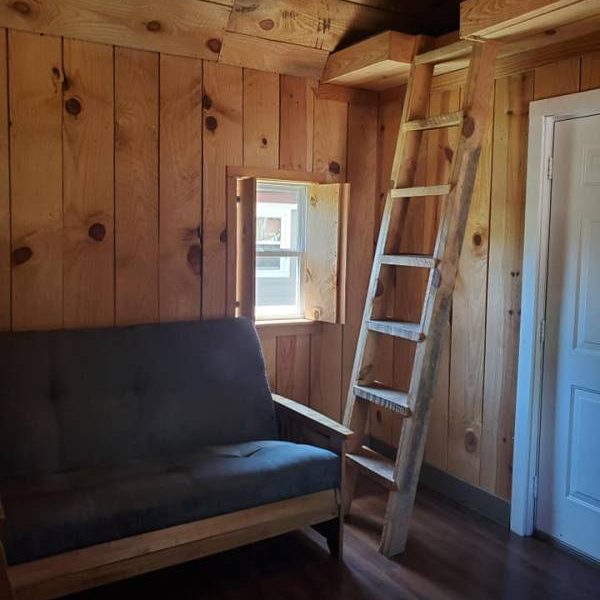 Pet friendly cabin interior futon couch, ladder to loft, bathroom door