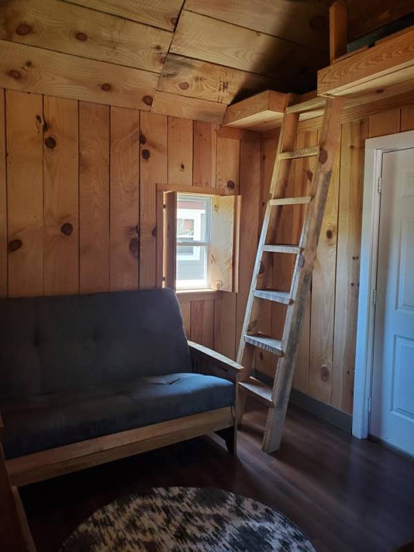 Pet friendly cabin interior futon couch, ladder to loft, bathroom door