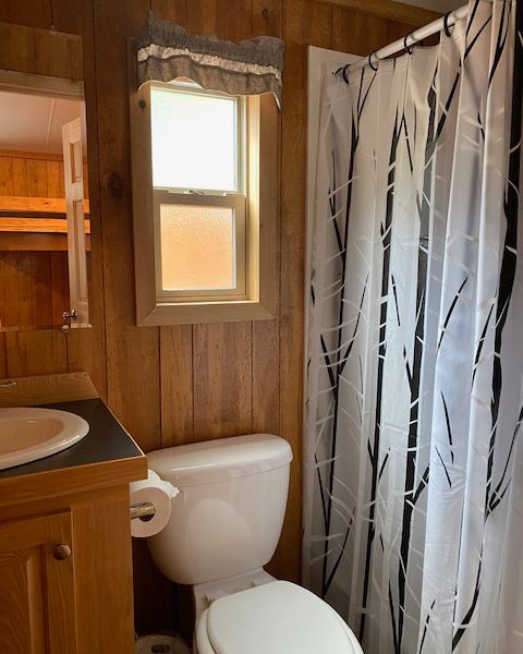 Ranger Smith cabin interior bathroom with window, mirror, sink, toilet, and shower