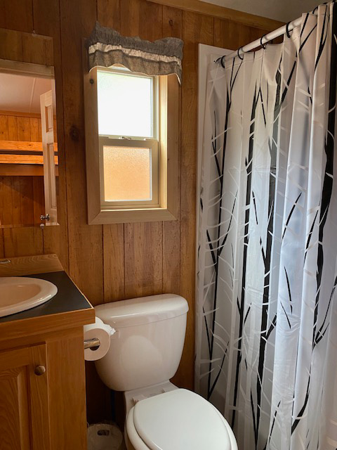 Ranger Smith cabin interior bathroom with window, mirror, sink, toilet, and shower